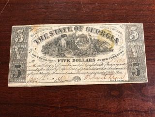 1864 State Of Georgia Confederate $5 Obsolette Note Milledgeville Georgia
