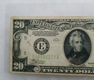 1934 $20 Twenty Dollar Bill Federal Reserve Note Light Green Seal Series 2