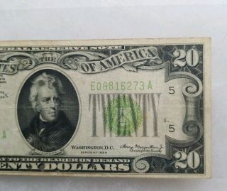 1934 $20 Twenty Dollar Bill Federal Reserve Note Light Green Seal Series 3