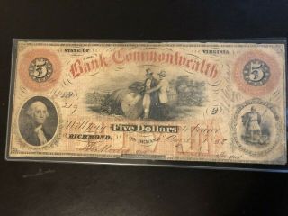 1858 $5 Five Dollar Bank Of The Commonwealth Richmond Virginia Tobacco Traders