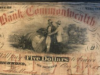1858 $5 five dollar Bank of the Commonwealth Richmond Virginia tobacco traders 2