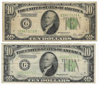 $10 1928 B Green Seal,  $10 1934 A Lime Green Seal