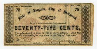 1862 75c The City Of Richmond,  Virginia Note - Civil War Era