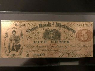 1862 Civil War Fractional State Bank Of Michigan In Detroit 5 Five Cents