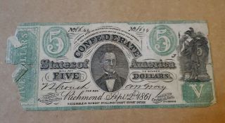1861 $5 Confederate Note T - 33