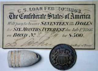 1863 Civil War Confederate $17.  50 Csa Note,  Cw Bullet,  1865 Two Cent Coin Nr