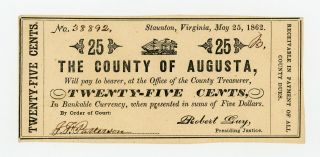 1862 25c The County Of Augusta - Staunton,  Virginia Note Civil War Era Au