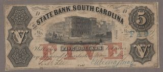 1857 The Bank Of The State Of South Carolina $5 Obsolete Currency Fine
