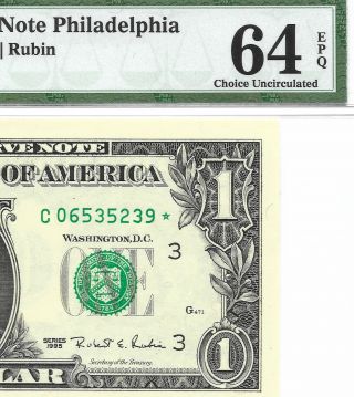 1995 $1 Philadelphia Star ⭐️ Banknote,  Pmg Choice Uncirculated 64 Epq