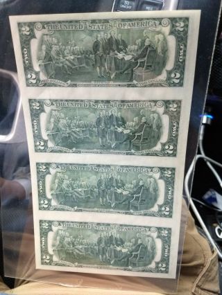 Uncut Sheet Of (4) $2 Two U.  S.  Dollar Bills,  Notes,  Money,  & Currency - 2003 A