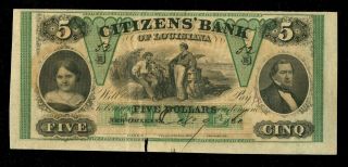 1857 Citizens Bank Of Orleans,  Louisiana.  5 Dollar 1857