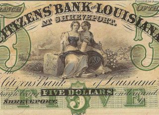 Unc 1800s $5 Dollar Citizens Bank Louisiana Note Large Currency Old Paper Money