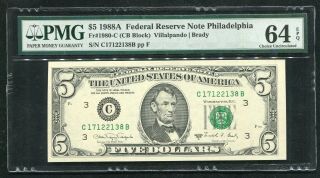 Fr.  1980 - C 1988 - A $5 Frn Federal Reserve Note Philadelphia,  Pa Pmg Unc - 64epq