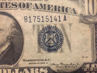 1934 A UNITED STATES $10 DOLLAR SILVER CERTIFICATE NOTE 3