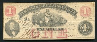 1862 $1 One Dollar Virginia Treasury Note Richmond,  Va Obsolete Banknote