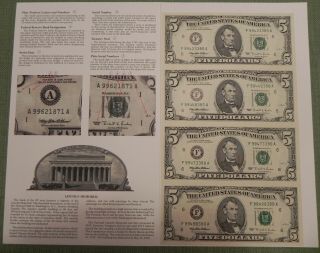 1995 Uncut $5 Sheet (4),  Federal Reserve Note Set,  Bureau Of Engraving