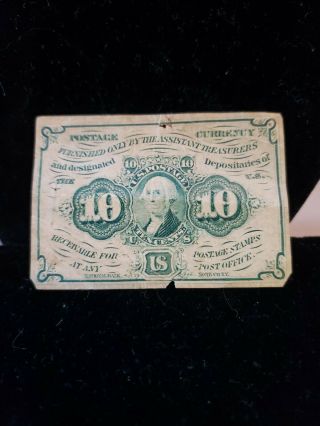 10¢ Postage Currency 1862 Civil War Era Recievable For Postage Stamps