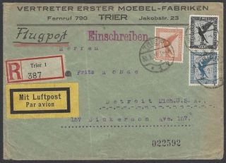 Germany 1926 Airmails Incl.  2dm On Registered Airmail Cover Trier To Usa