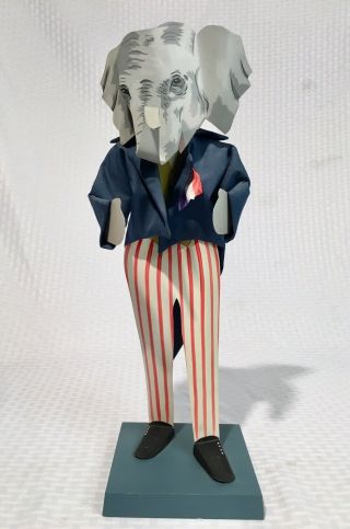 Patriotic Republican Elephant Tin Wood Doll Figurine Folk Art Signed Young 