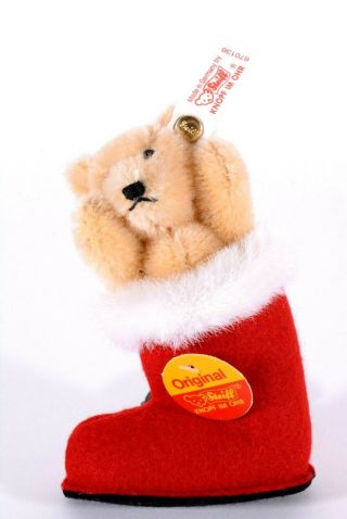 Steiff Ltd Ed Bear In Red Boot Ornament 1997 Mohair / Felt Teddy Bear Ean 670138