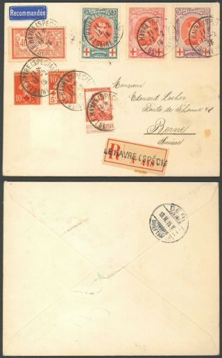 Belgium 1915 - Registered Cover Le Havre To Switzerland - Red Cross M900/46