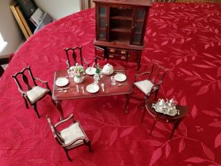 Dollhouse Minatures Dining Set - Table W/4chairs,  Hutch,  Side Table