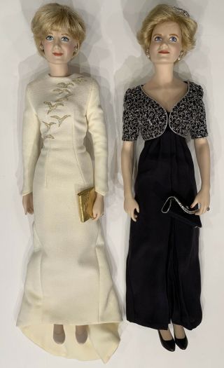 Two Franklin Princess Diana Porcelain Dolls Queen Fashion Princess Nobility