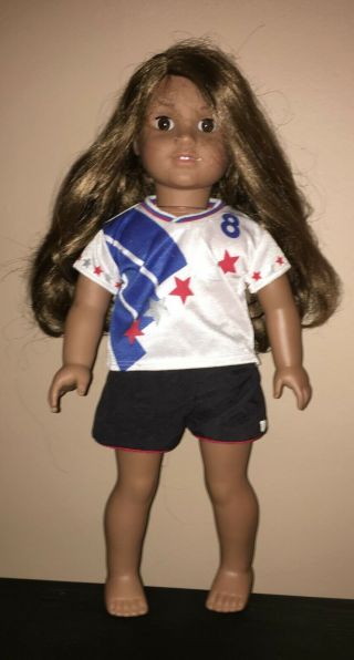 18 In American Girl Doll In Soccer Shirt And Shorts.