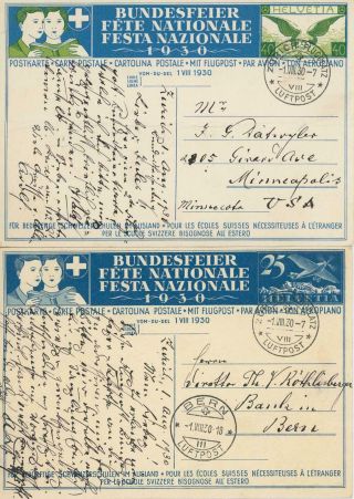 Switzerland 1930 (1st Aug) Pair National Festival Airmail Illustrated Postcards