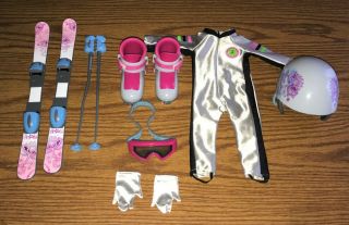 American Girl Ski Gear & Downhill Racer Outfit: Skis/poles/helmet/boots/goggles