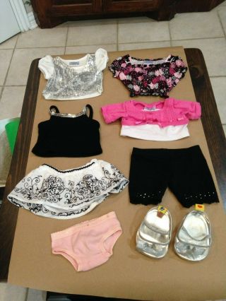 Build A Bear Clothes Black Leggings With 4 Tops,  Skirt And Silver Shoes