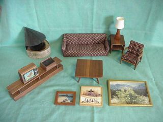 Doll House Hand Crafted Wood Furn Sofa,  Chair,  Tv,  Coffee,  End Table,  Fireplace,  Picts