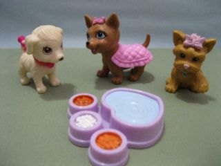Barbie Doll Pet Shop Dog Mixed Breed Baby Triplet Pup Pink Cape Food/water Bowl