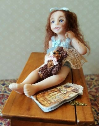 Dollhouse Miniature Bonnie Justice Doll With Bear And Book,  1:12