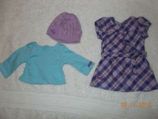 American Girl Doll Pretty & Plaid Dress Set Outfit Dress Blue Shirt Purple Hat