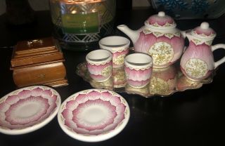 American Girl Doll Felicity Tea Set Cups,  Saucers,  Wooden Box & Silver Tray