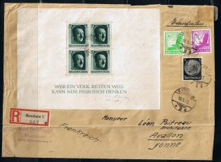 German 3rd Reich Larger Registered Cover 1937 to France,  with Hitler Mini Sheet 2