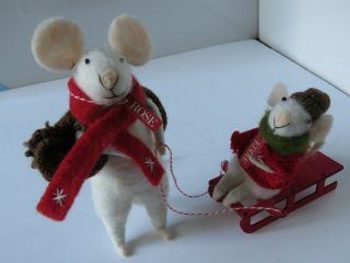 Needle Felted Mouse Christmas Mice Wool Spun Art Sled Figure Sculpture 3 pc 2