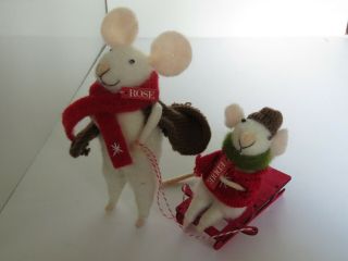 Needle Felted Mouse Christmas Mice Wool Spun Art Sled Figure Sculpture 3 pc 3