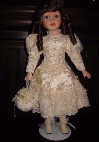 19 " Victorian Red Hair Blue Eyes Porcelain Doll Satin Lace Pearls Wedding Dress