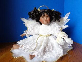 Aa African American Porcelain Angel Doll With Cloud Shaped Pillow