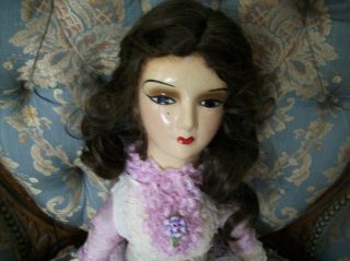 Vintage Raven Hair Boudoir Doll - 1930s Era - In Lilac And Lace