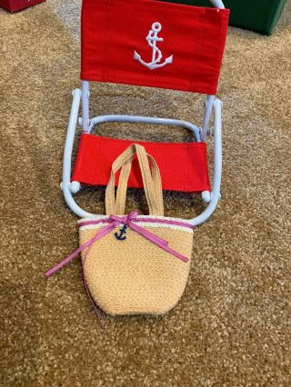 American Girl Red Beach Chair And Straw Beach Bag Nautical Euc