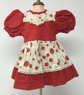 Vintage Red & White Doll Dress With Buttons Print 9 " Long