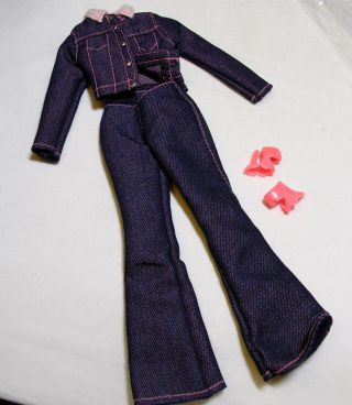 Barbie Doll Size Pinkish Blue Jean Jacket & Pants Pink Threading,  Shoes