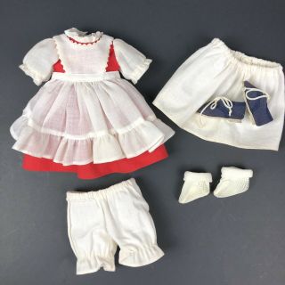 Vintage Doll Dress Red With White Pinafore Clothes Fits 12” Dolls Shoes Slip