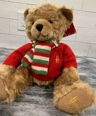 Harrods Christmas Bear 2010 Archie Red Sweater Tag Scarf Green