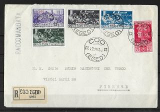 Coo Egeo Islands Italy 1930 Registered Cover With Complete Set Sass 12 - 16 Vf