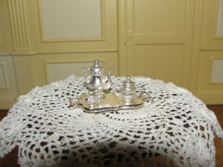 Dollhouse Miniature Silver Metal Tray W 3 Piece Tea Service