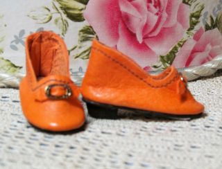 Antique Doll French German Fashion Heeled Orange Leather Shoes 1 3/4” Long